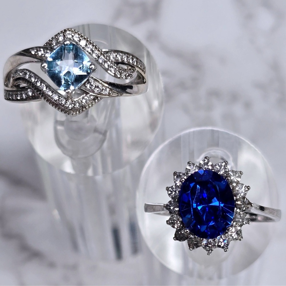 Lot 2 Sterling Silver 925 Blue Stone CZ Cocktail Statement Rings Sz 9 JWBR